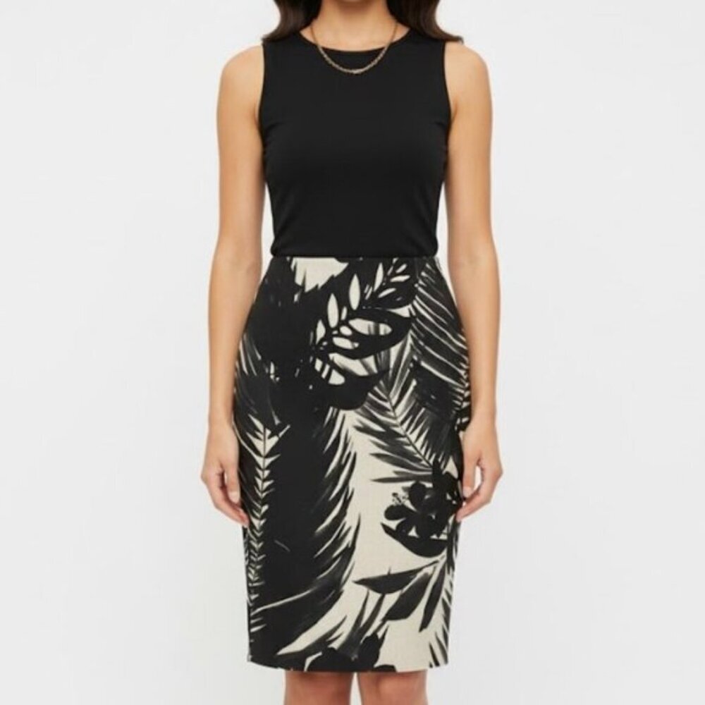 J Crew Tropical Print Women's Black Beige Linen Pencil Skirt Size 2